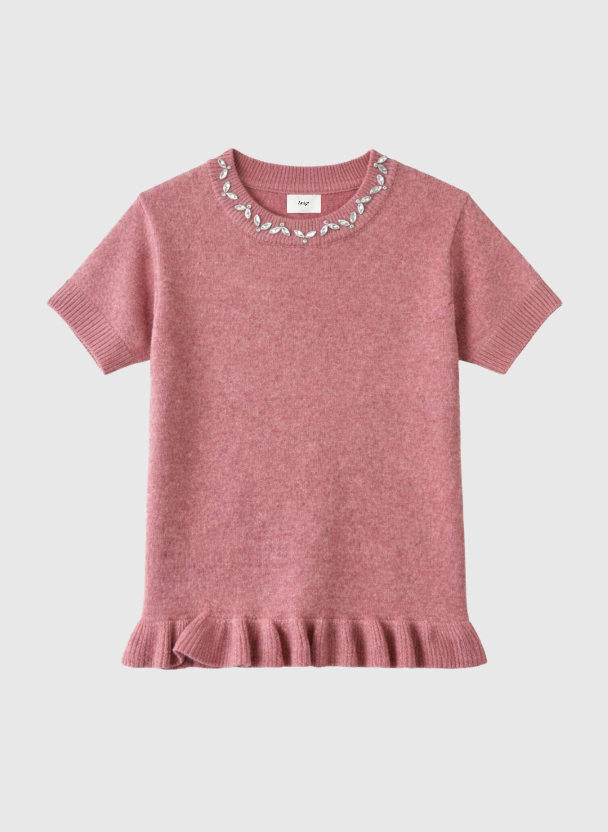 Ange Paris Nestorine Kurzarm-Strickpullover Rosa mit Rüschensaum