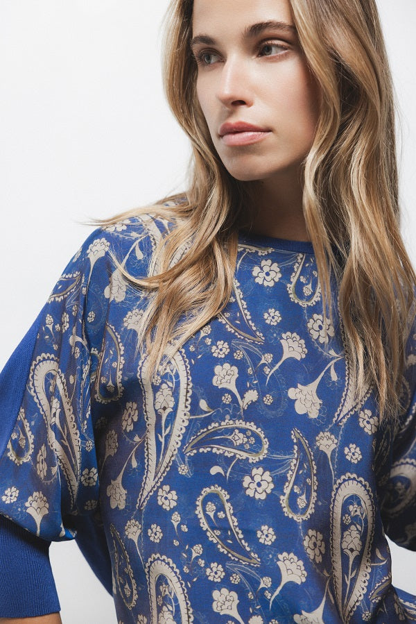 Lanidor Pullover - Paisleyprint - Materialmix in Blau
