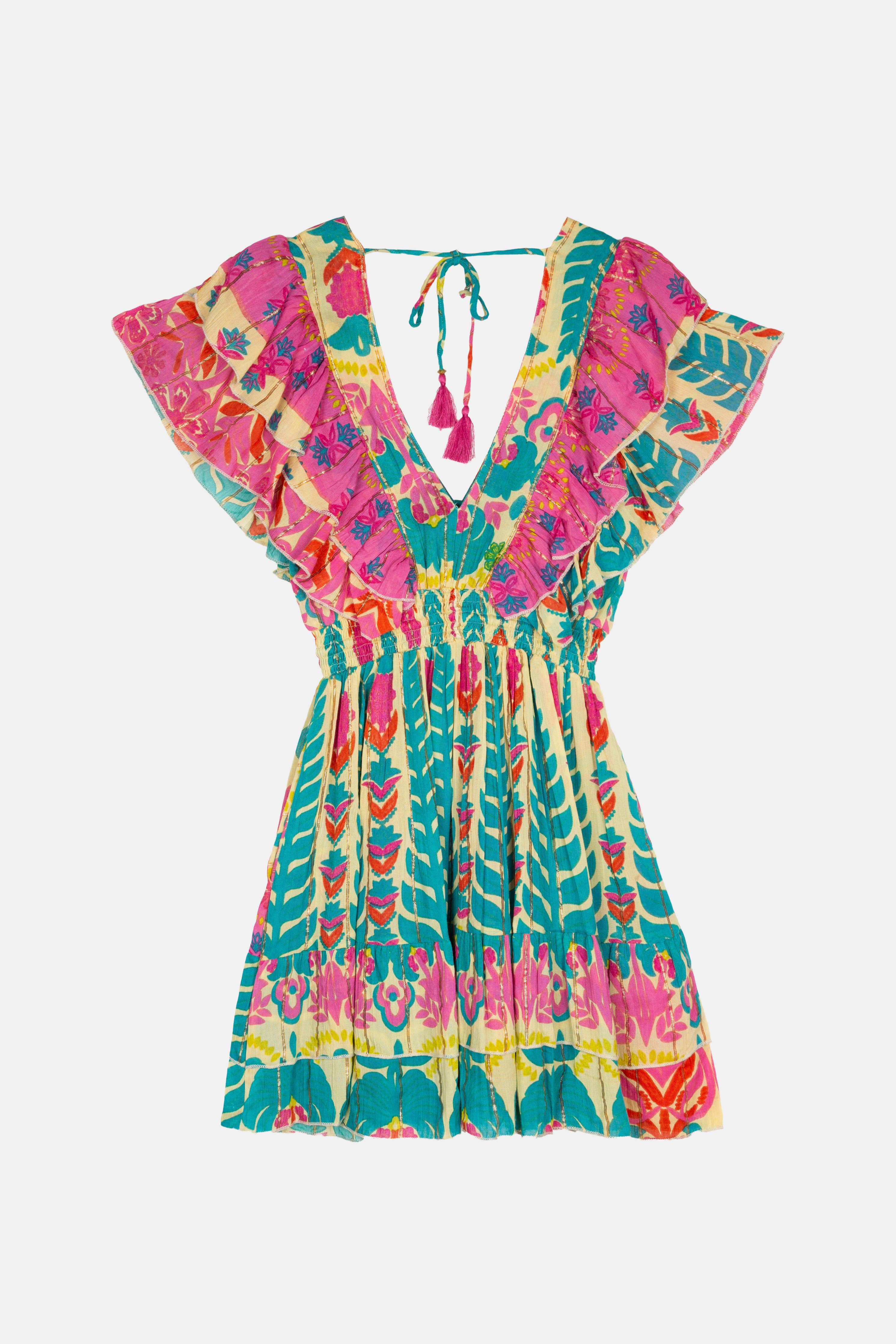 Piti Cuiti Kleid "Ipanema" - Kurzes Boho-Sommerkleid in buntem Mustermix