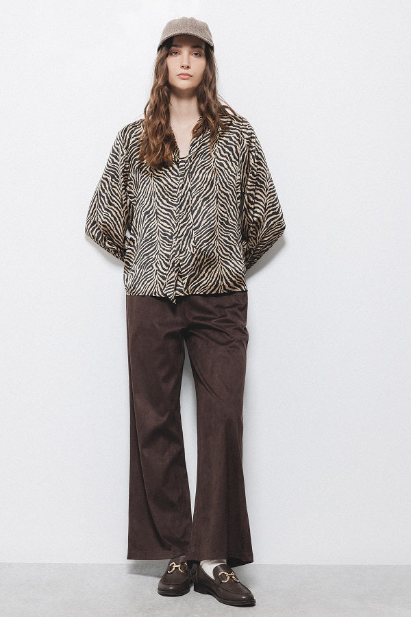 Lanidor Bluse mit Zebramuster & V-Ausschnitt - Schluppe  - Camel - Schwarz