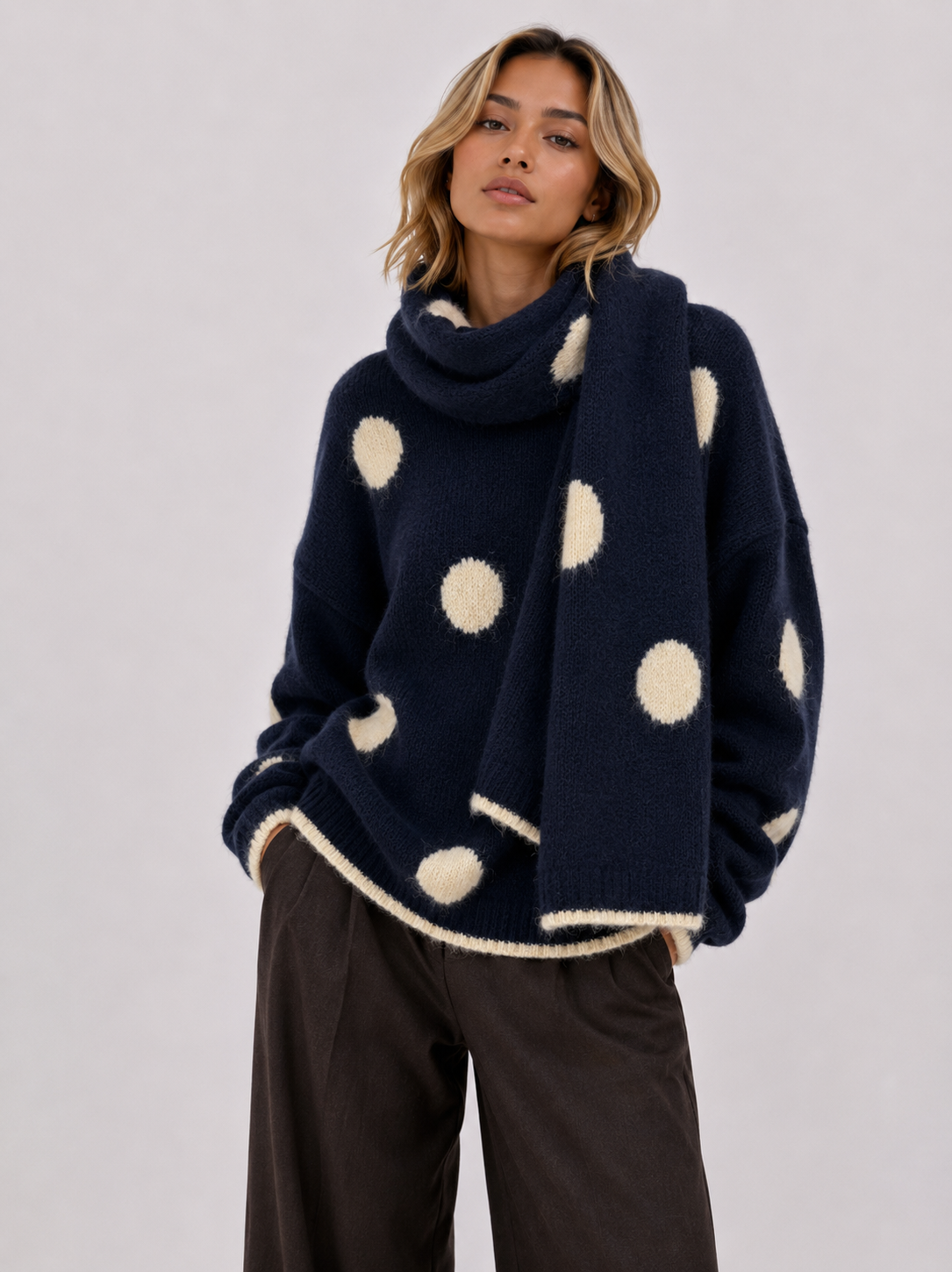Strickpullover mit passendem Schal – Gepunktete Kollektion AP201: Braun / Standardmäßig / Eine Größe