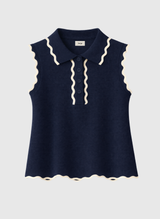 Ange Paris Feinstrick-Top Marine Blau ärmellos mit Polokragen