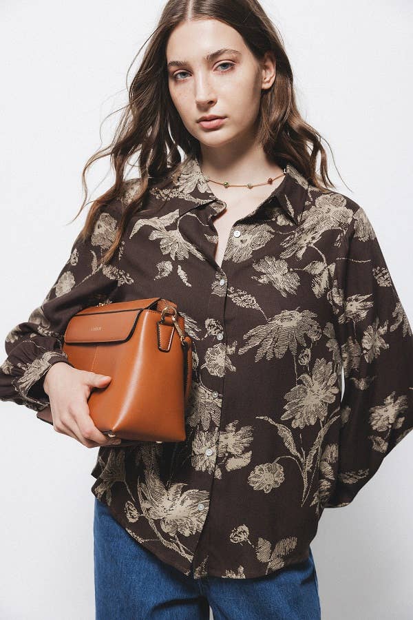 Lanidor Bluse aus Viskose mit floralem Muster in Schokobraun-Beige