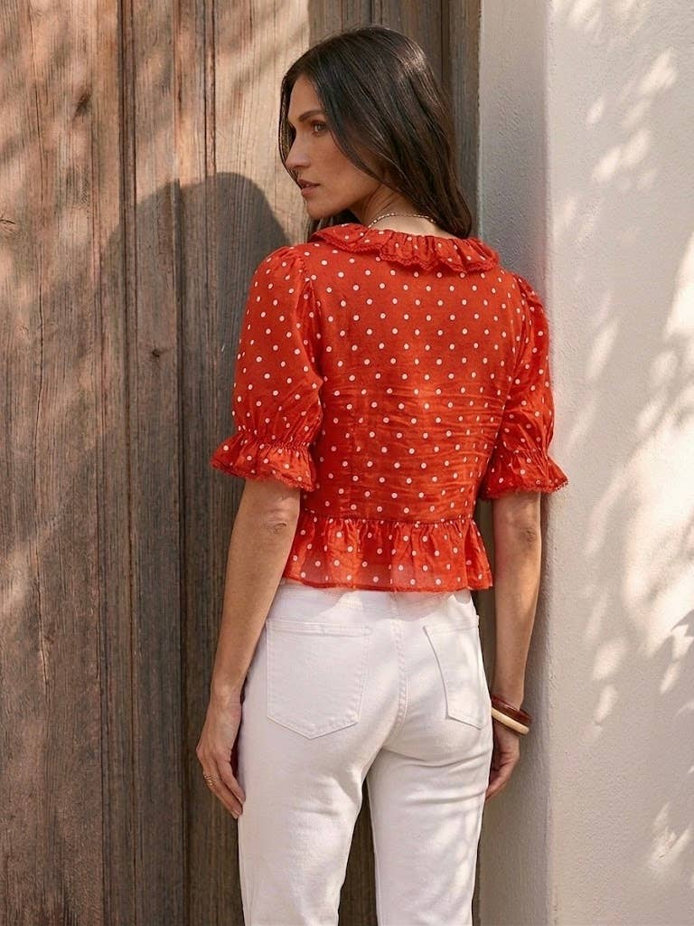 Choklate Paris Bluse Suzzie Rouge mit weißen Punkten | Cropped Baumwollbluse
