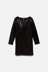 Lanidor - Schwarzes Paillettenkleid - U-Bootausschnitt - kurz