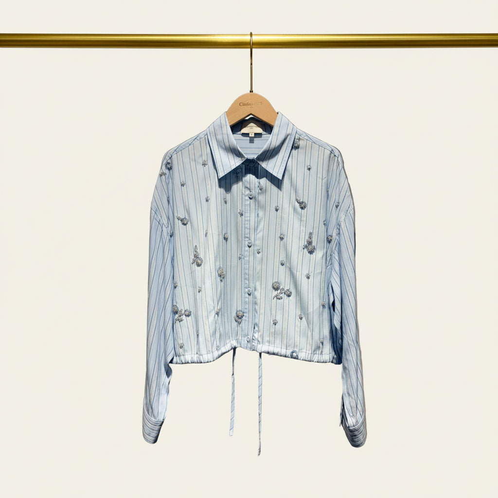 Choklate Paris Bluse „Malo“ Hellblau-Weiß gestreift mit Strass