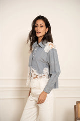 Choklate Paris Baumwollbluse mit Spitzeneinsätzen - gestreift - Blau-Weiß