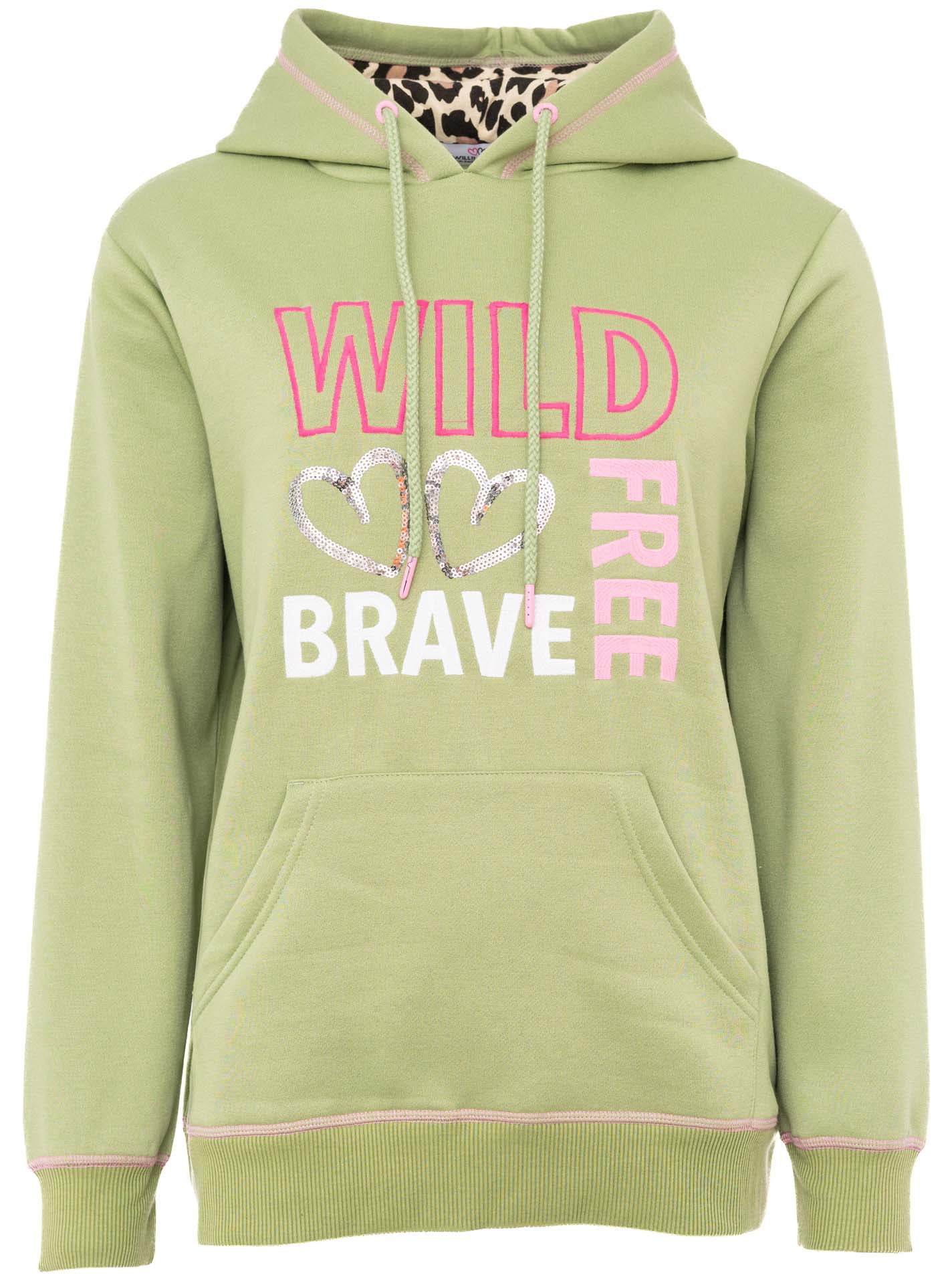 Zwillingsherz Hoodie "Wild Brave Free" in Salbei Grün mit Paillettenherzen & Leoparden-Kapuze