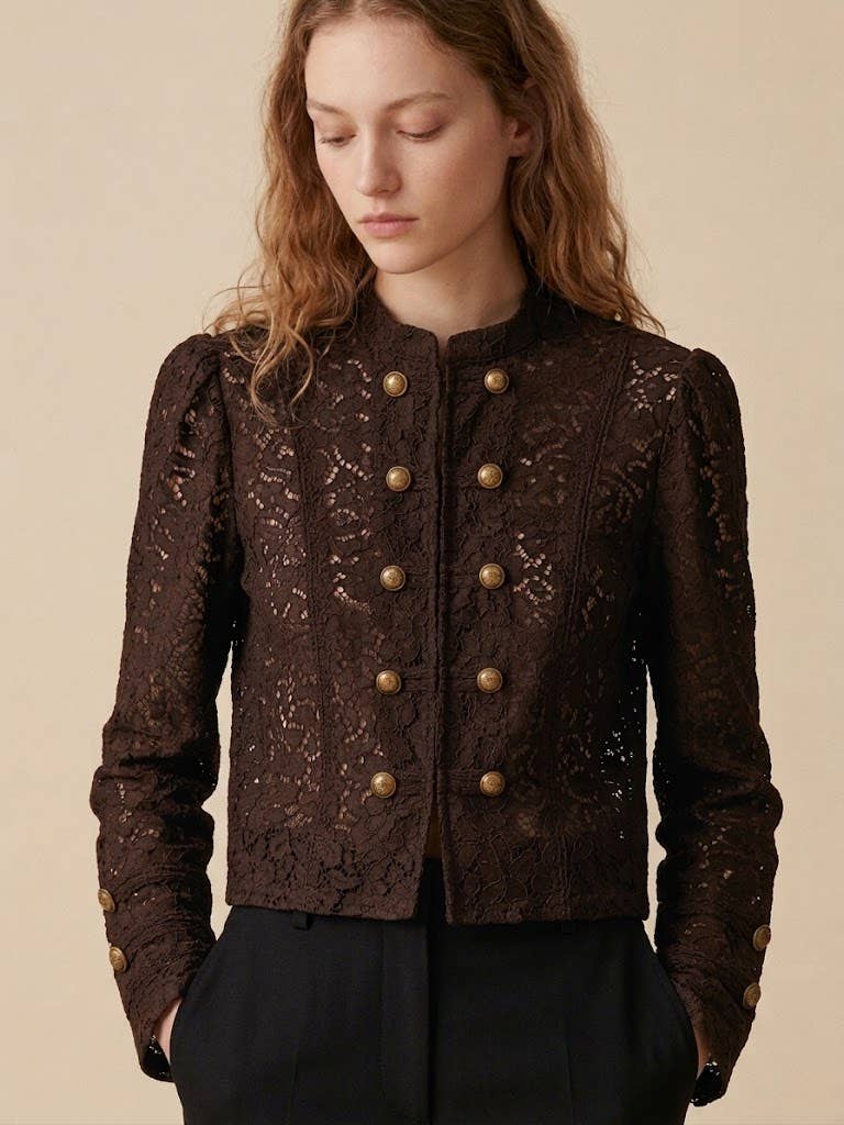 Choklate Paris Céline Spitzen-Blusenjacke mit Stehkragen in Choco