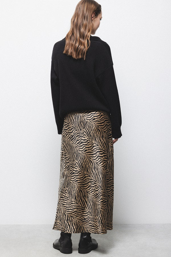 Lanidor Satin-Midirock mit Tierprint in Camel Schwarz