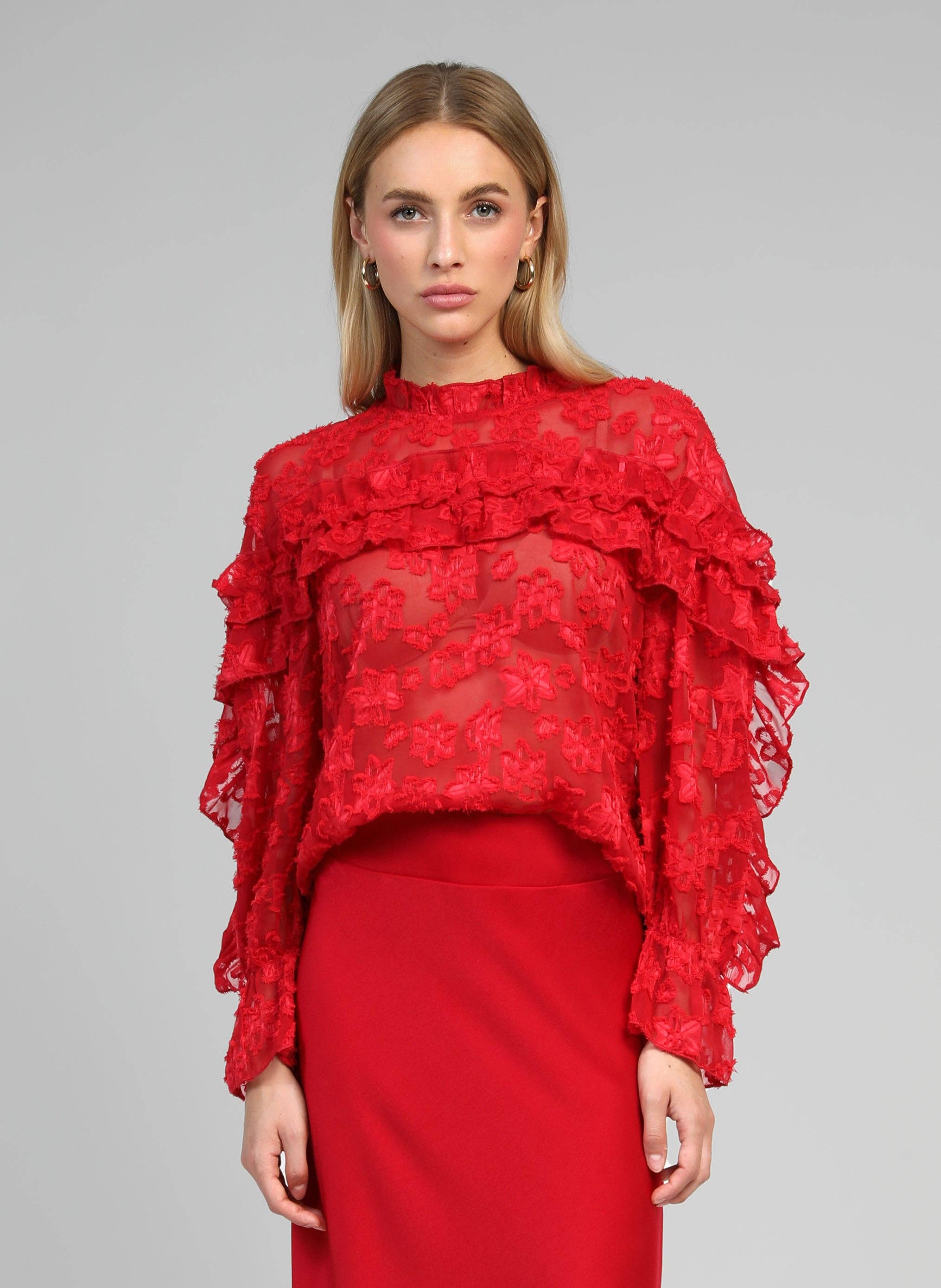 An'ge Paris Bluse Soely Rot - Jacquard-Semitransparent - Volant