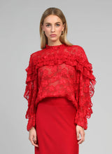 An'ge Paris Bluse Soely Rot - Jacquard-Semitransparent - Volant