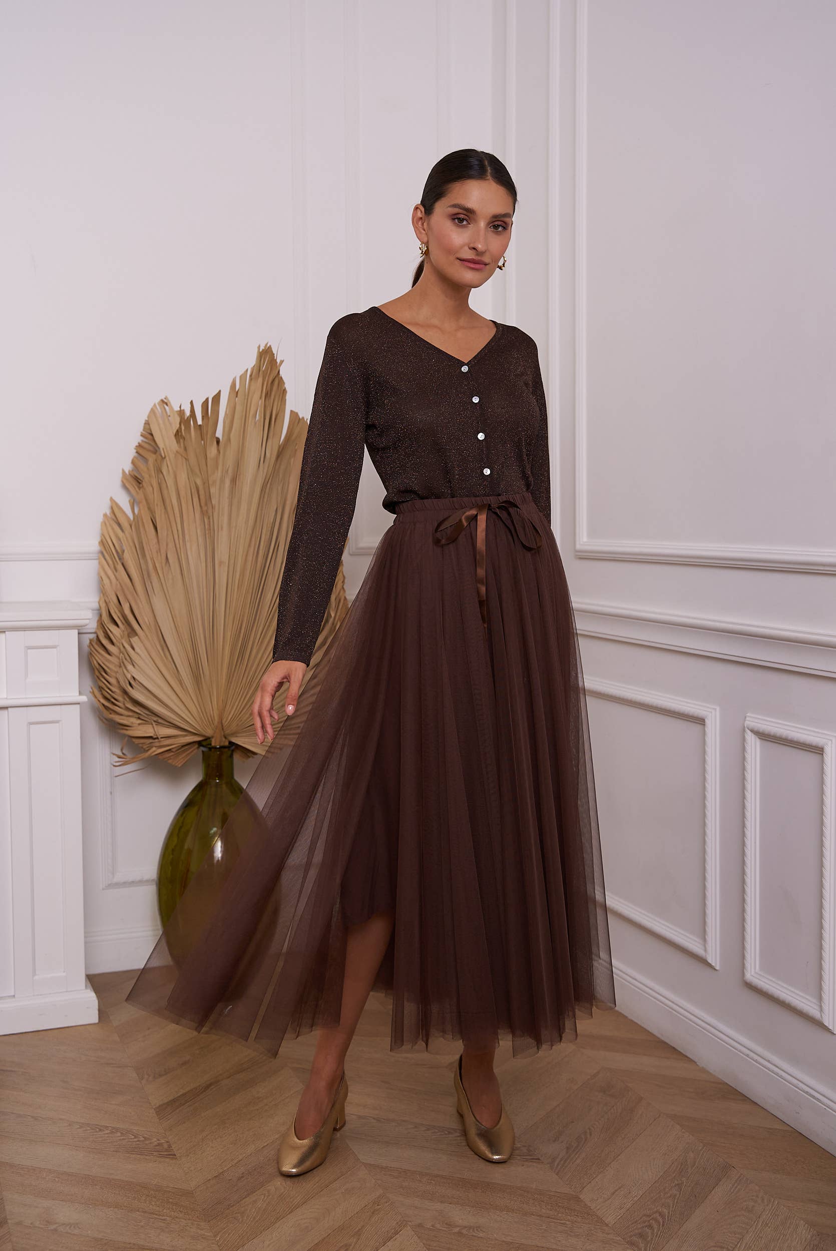 Choklate Paris - Lurexstrickweste in Braun - Feinstrick mit Glanz und Knopfleiste