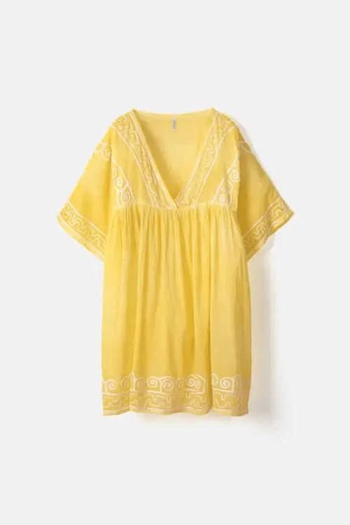 Gelbes Tunika-Kleid aus 100% Baumwolle mit Stickerei - Boho-Sommerlook von Lanidor
