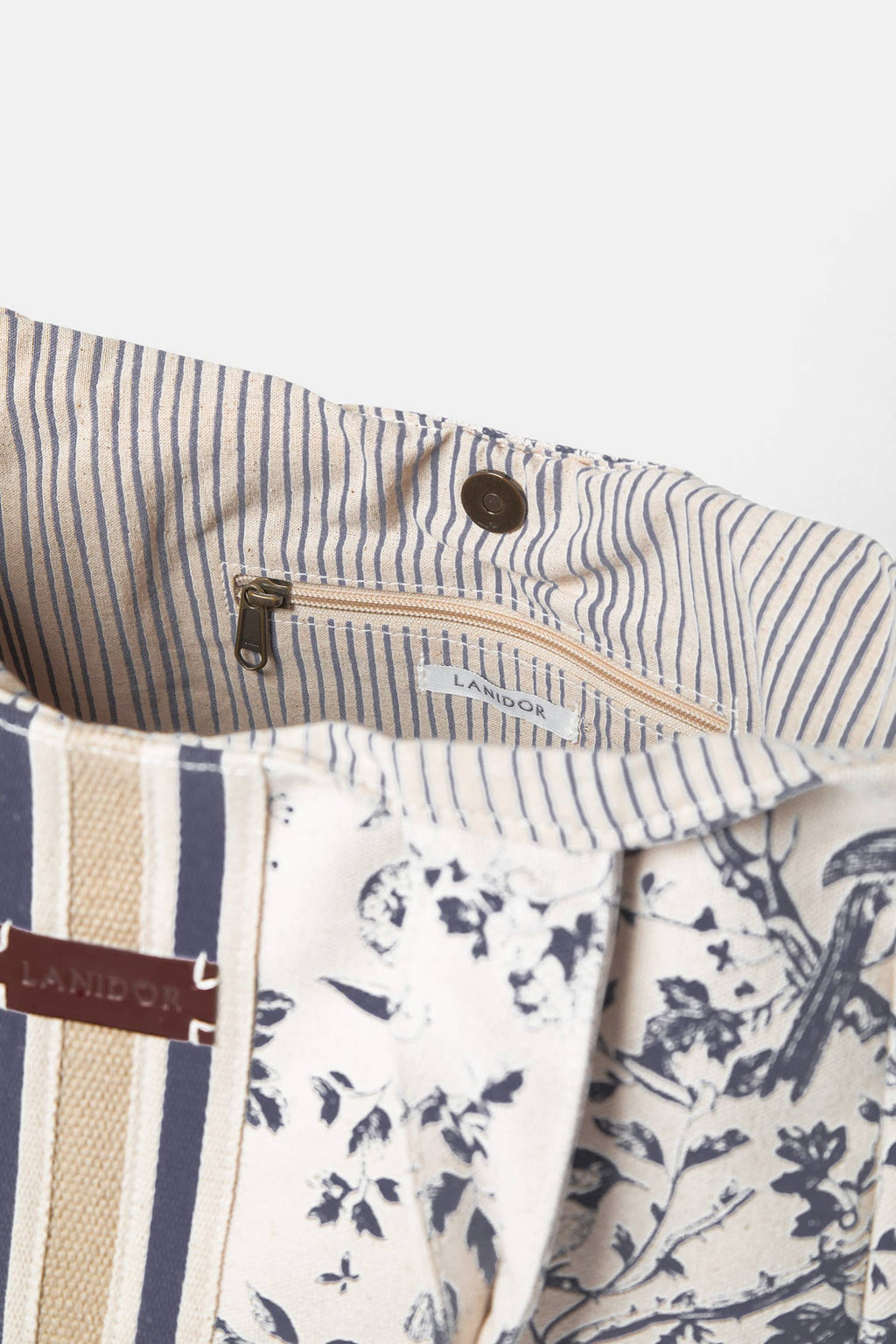 Lanidor Shopper Baumwolle mit Blumenprint - Beige/Blau - gestreiftes Innenfutter & Magnetverschluss