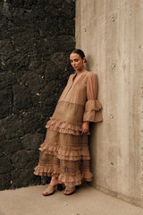Purple Queen Maxikleid Thalys Camel mit Spitze und Volants