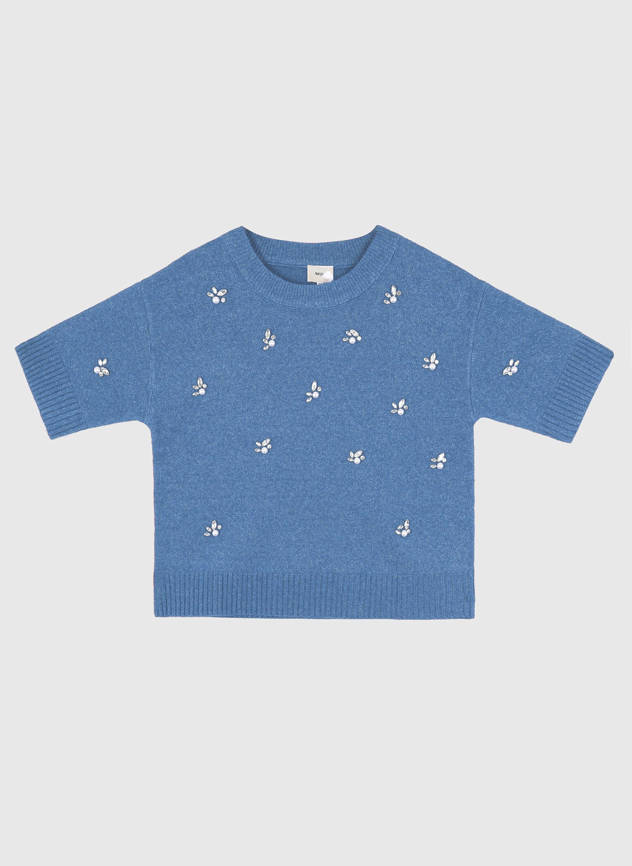 An'ge Paris Pullover "Nelida" in Blau - Strickpullover mit Strass & Perlen