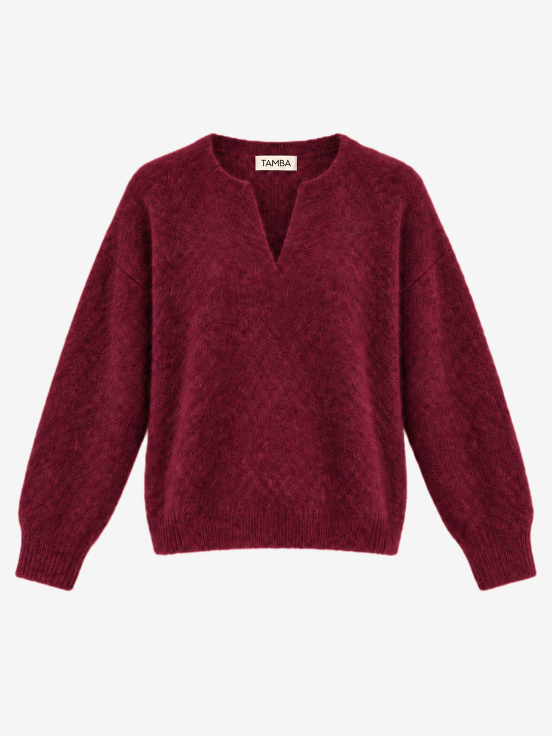 Tamba Flauschiger Angora-Strickpullover mit V-Ausschnitt in Bordeaux – lockere Passform