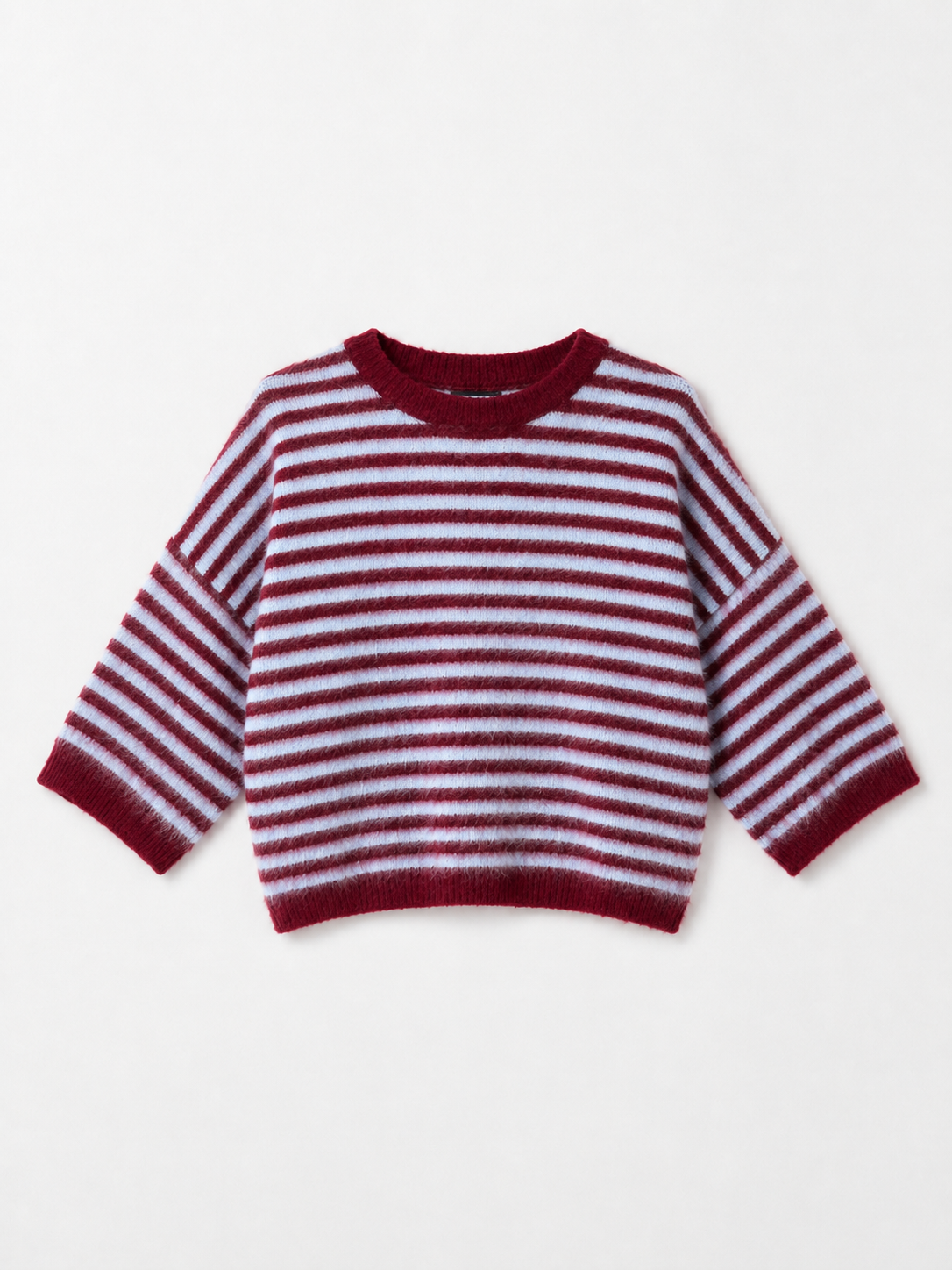 Gestreifter Oversize-Pullover in Flausch-Optik: Bordeaux / Hellblau / Einheitsgröße