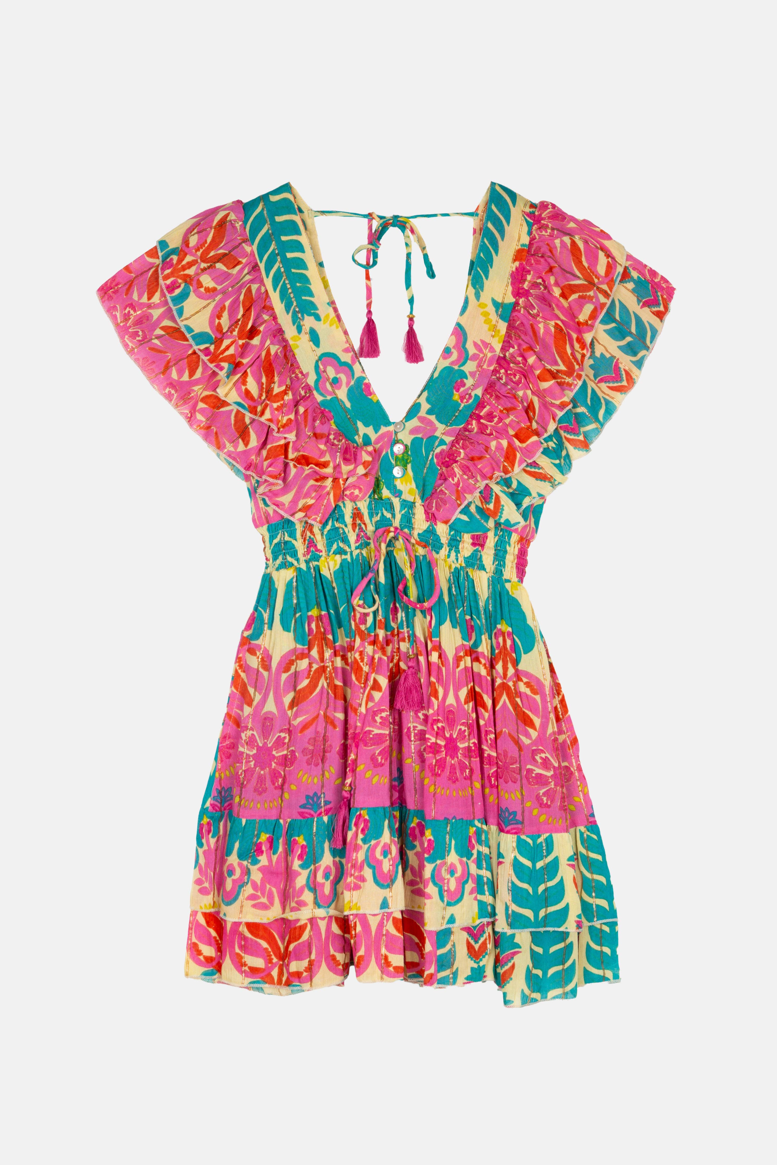 Piti Cuiti Kleid "Ipanema" - Kurzes Boho-Sommerkleid in buntem Mustermix