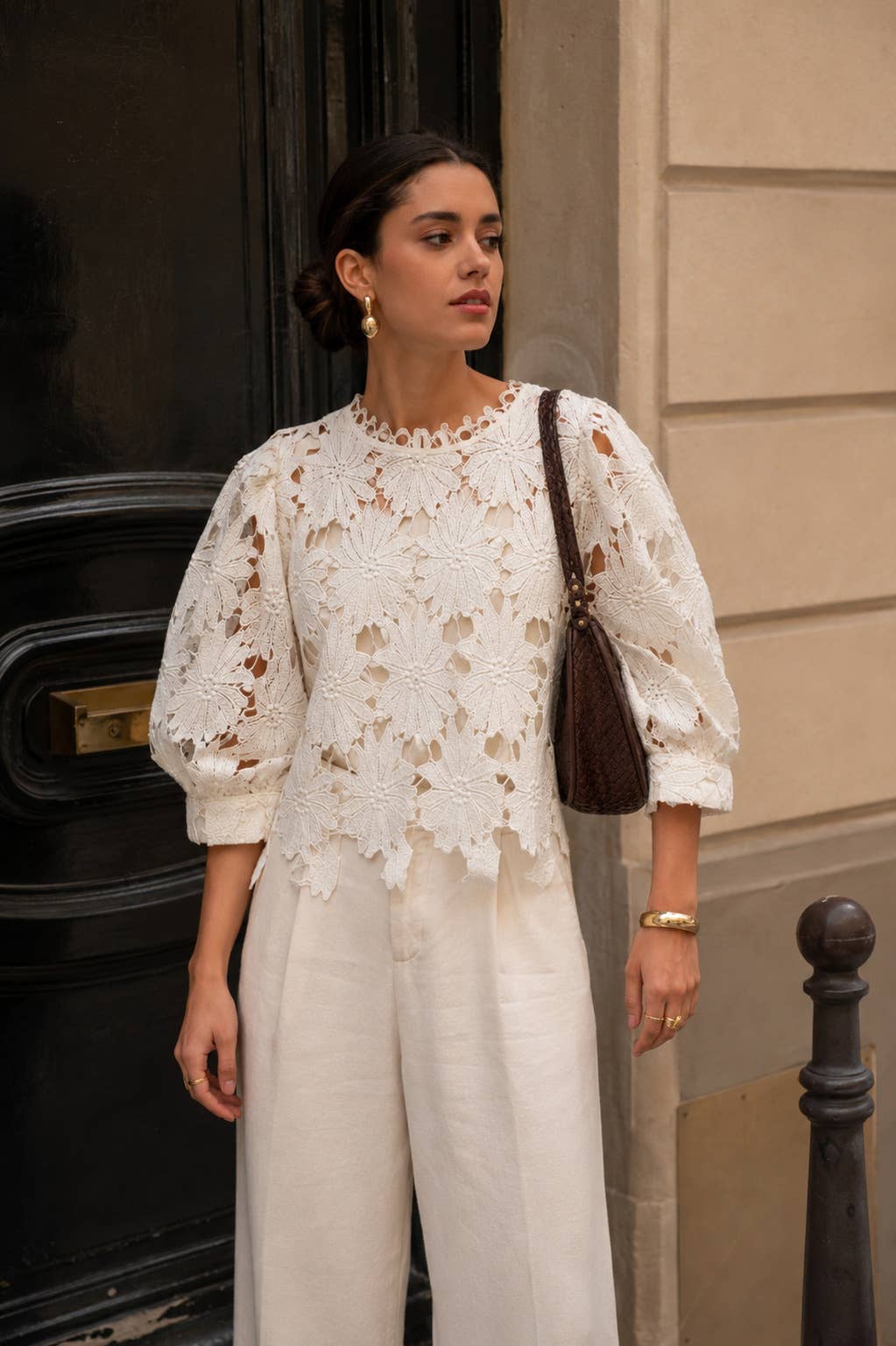 Choklate Paris Top Daisy Ecru aus Guipure-Spitze | Spitzentop mit 3/4-Ärmeln