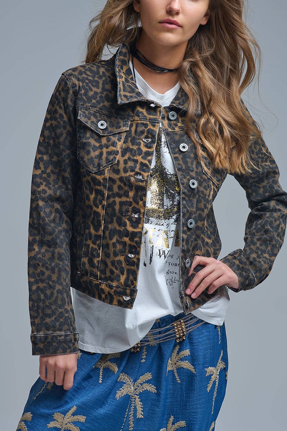 Q2 Jeansjacke Leopardenmuster Braun Denim