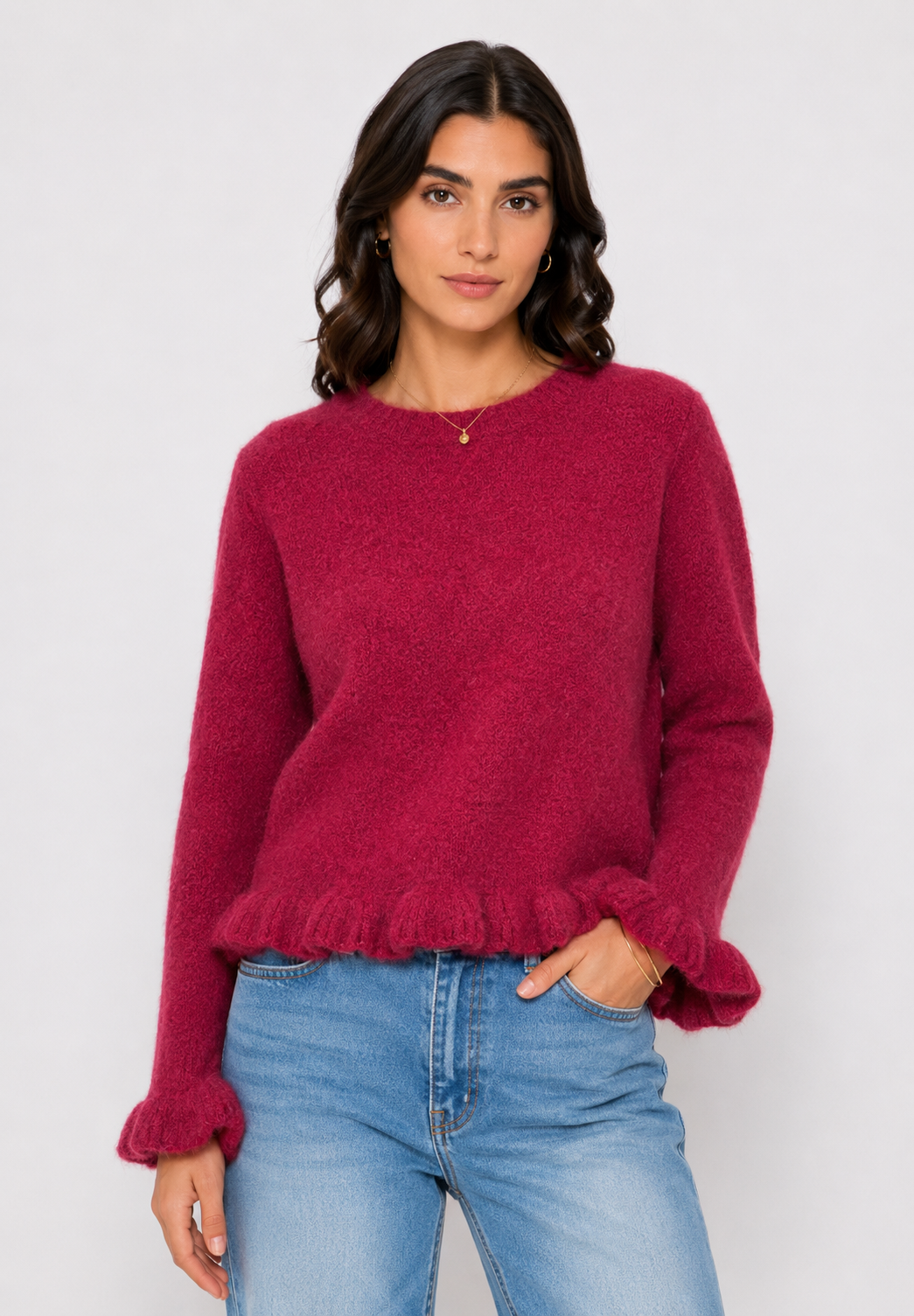 Audrey Paris Strickpullover mit Rüschen in Kirschrot