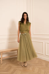 Choklate Paris Satin-Top Maguie Olive mit Schleifenverschluss am Rücken