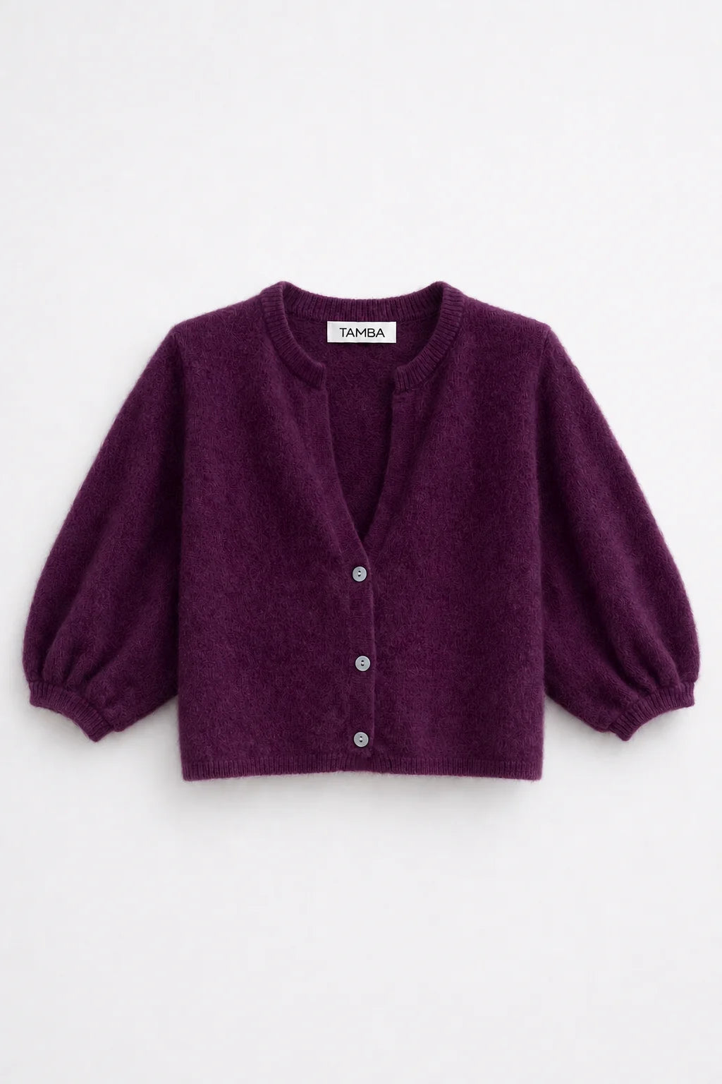 TAMBA flauschiger Strickcardigan mit V-Ausschnitt Old Mauve – Dunkle Pflaume