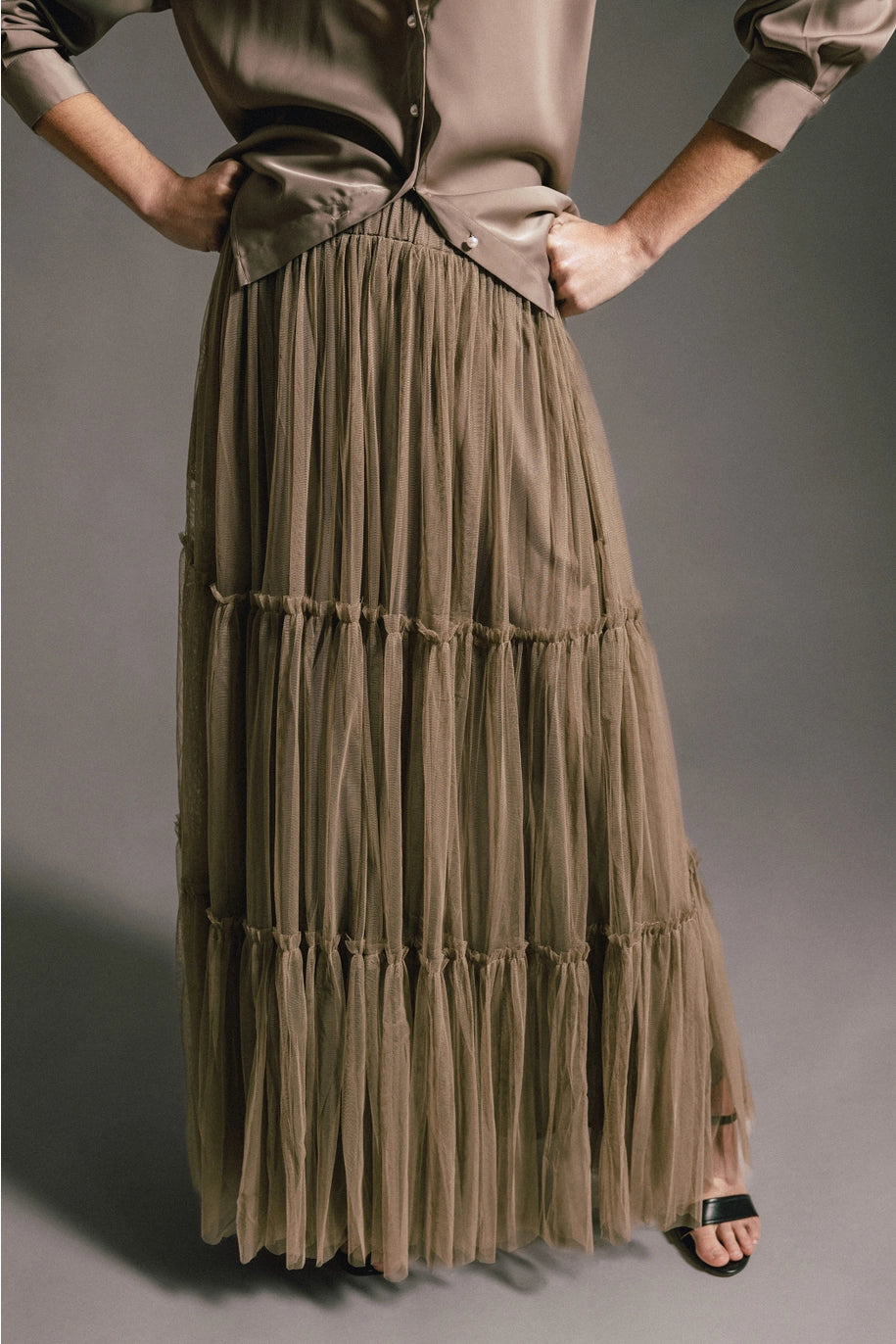 Lanidor Ausgestellter Tüllrock Midi Taupe - Elastischer Bund mit Taschen