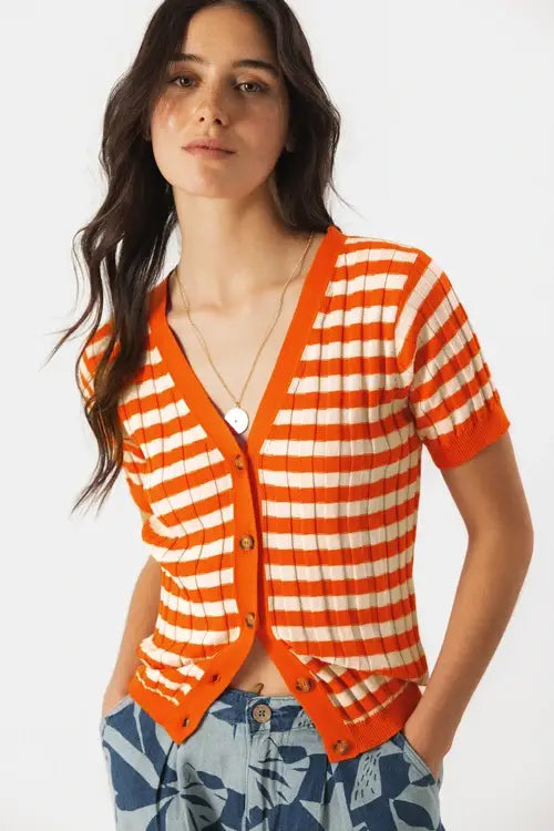 Lanidor- Gestreifte Kurzarm-Strickjacke aus Baumwolle - Orange & Creme