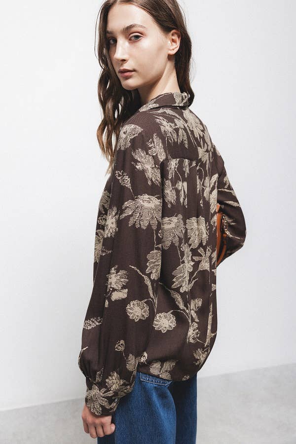 Lanidor Bluse aus Viskose mit floralem Muster in Schokobraun-Beige