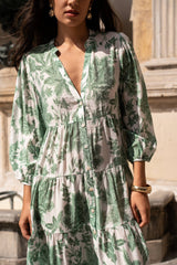 Choklate Paris Sienna Hemdblusenkleid Midilänge Florales Hibiskusmuster Grün-Weiß - Boho-Stil
