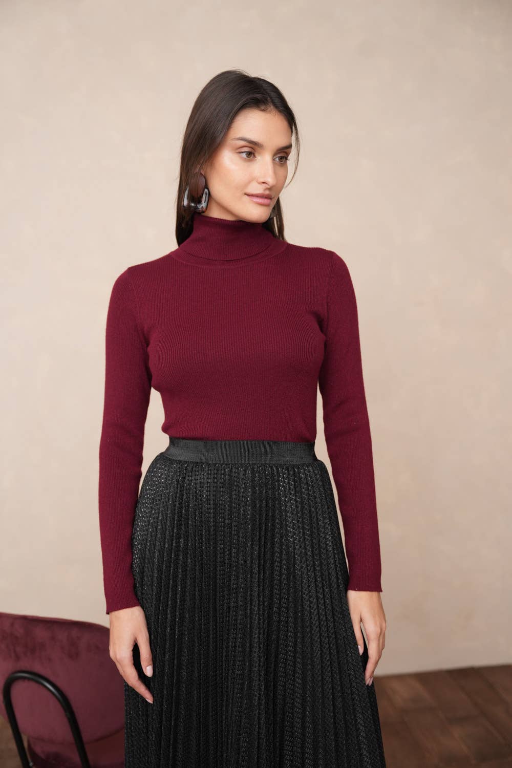 Choklate Paris - Gerippter Rollkragenpullover mit Lurex in Bordeaux