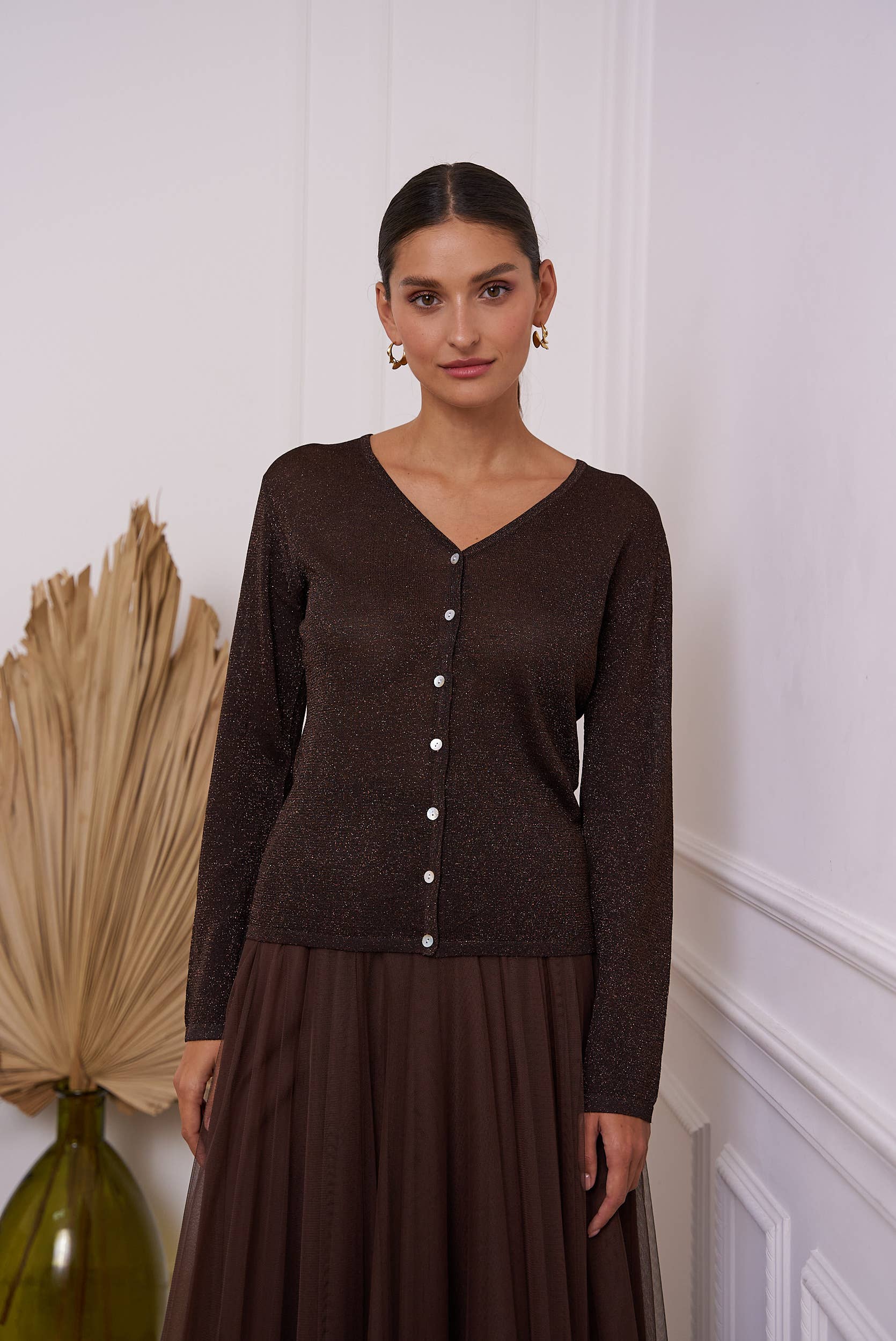 Choklate Paris - Lurexstrickweste in Braun - Feinstrick mit Glanz und Knopfleiste