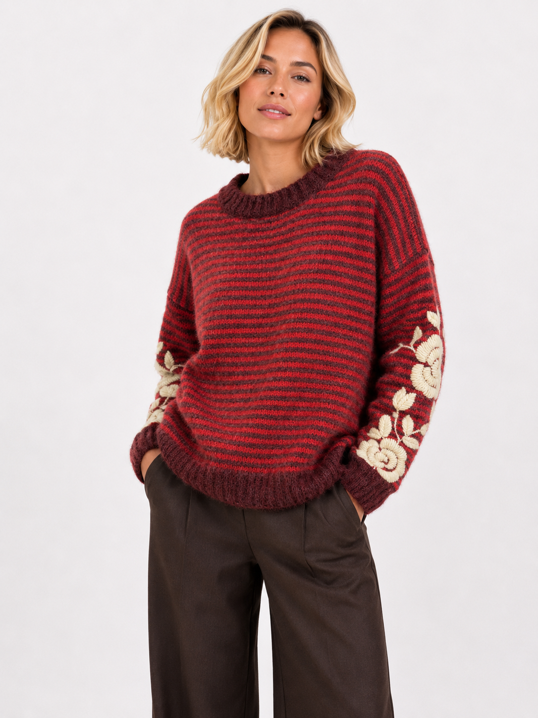 Afinity Strickpullover Audrey mit Blumenstickerei Rouge – lockerer Schnitt