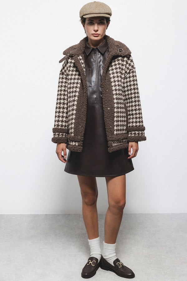 Lanidor - Winter-Jacke - Hahnentritt mit Teddyfell in Beige & Braun