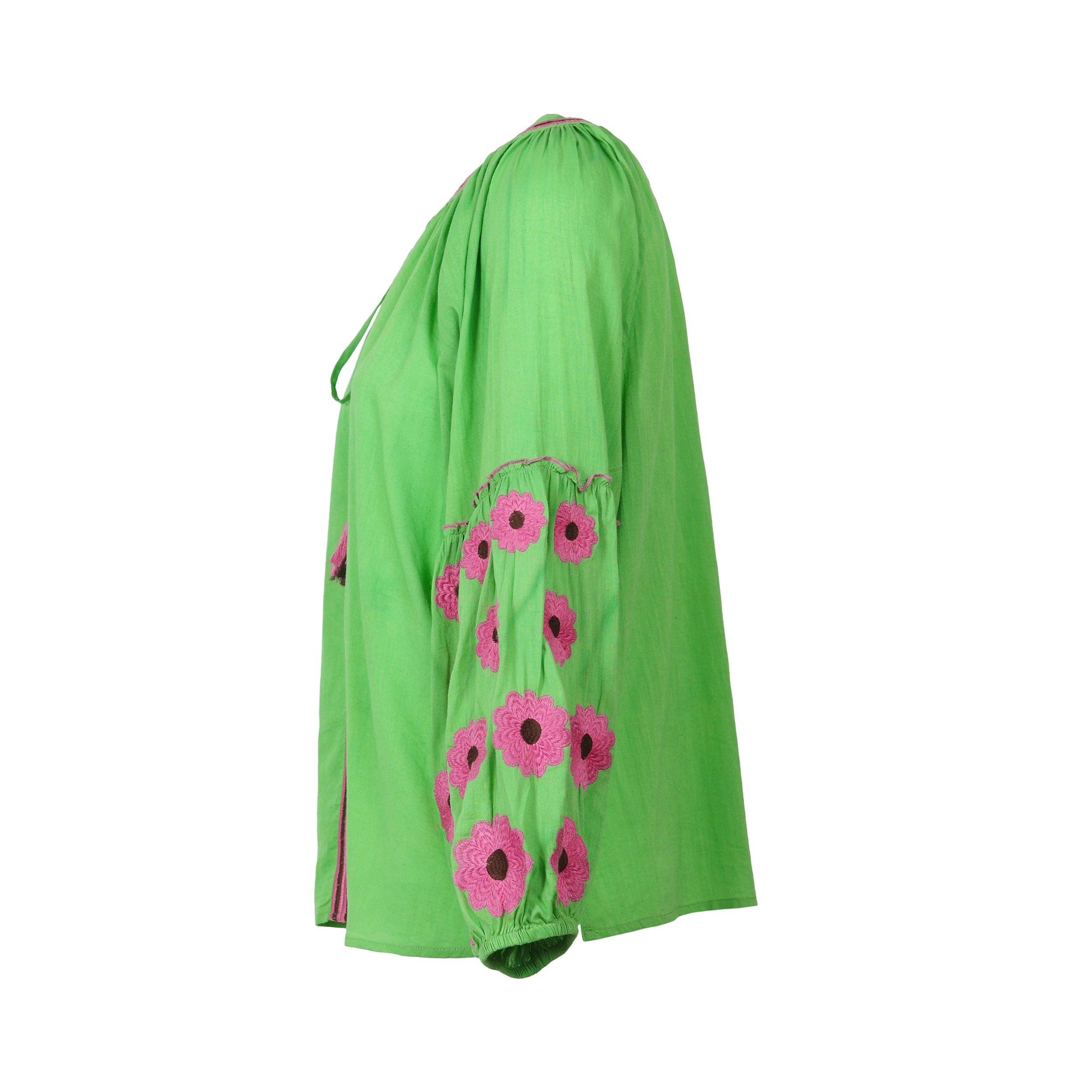 Jep Holland Florence Grün Baumwollbluse mit pinker Blumenstickerei
