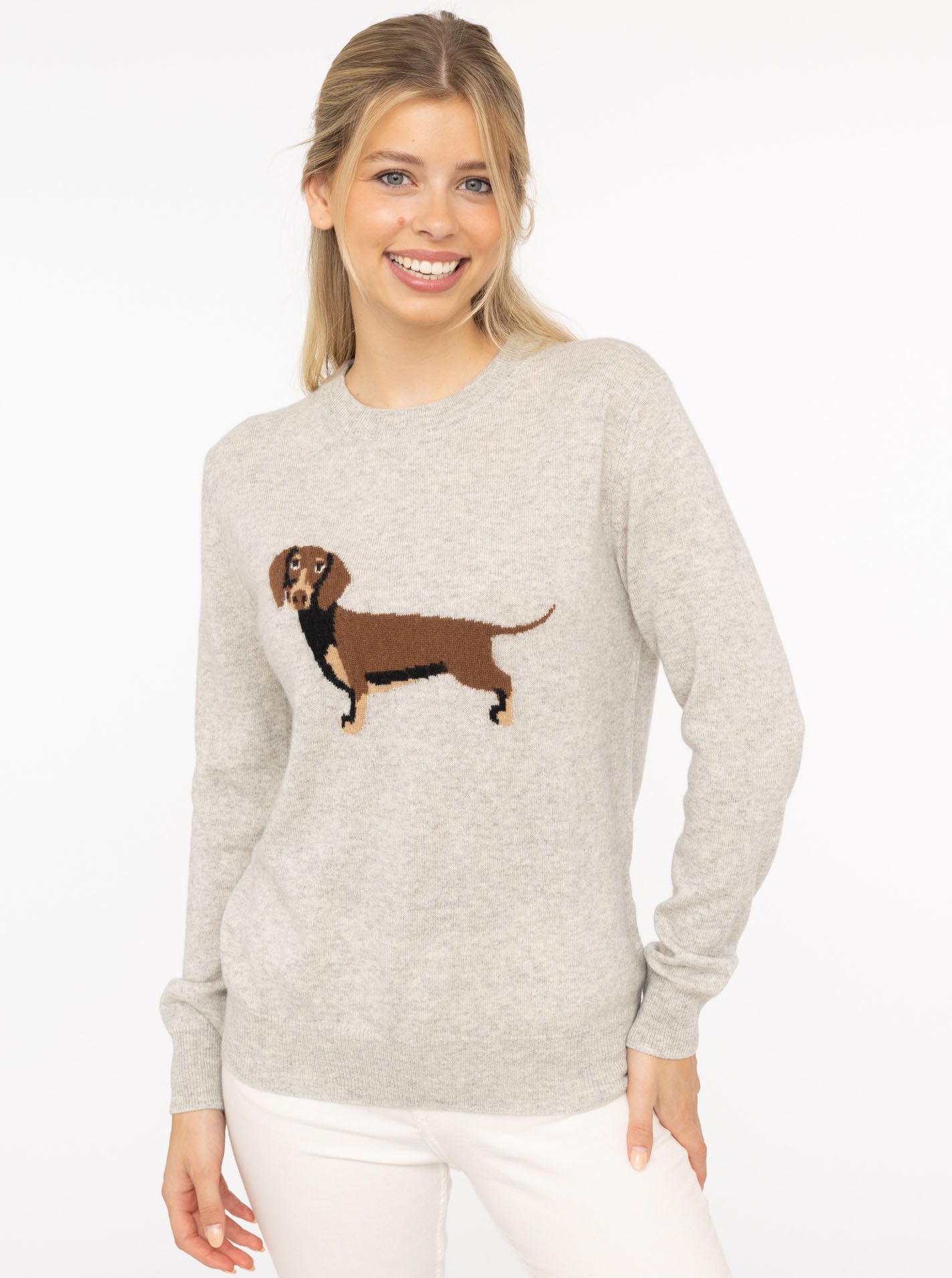 Zwillingsherz Kaschmirpullover hellgrau mit Dackel-Motiv - Rundhalspullover Damen