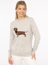 Zwillingsherz Kaschmirpullover hellgrau mit Dackel-Motiv - Rundhalspullover Damen