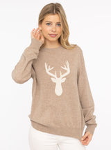 Zwillingsherz Pullover - 100% Kaschmir in Beige mit Hirsch in Creme