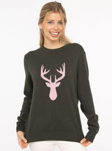 Zwillingsherz Pullover - 100% Kaschmir in Oliv-Grün mit rosa Hirsch