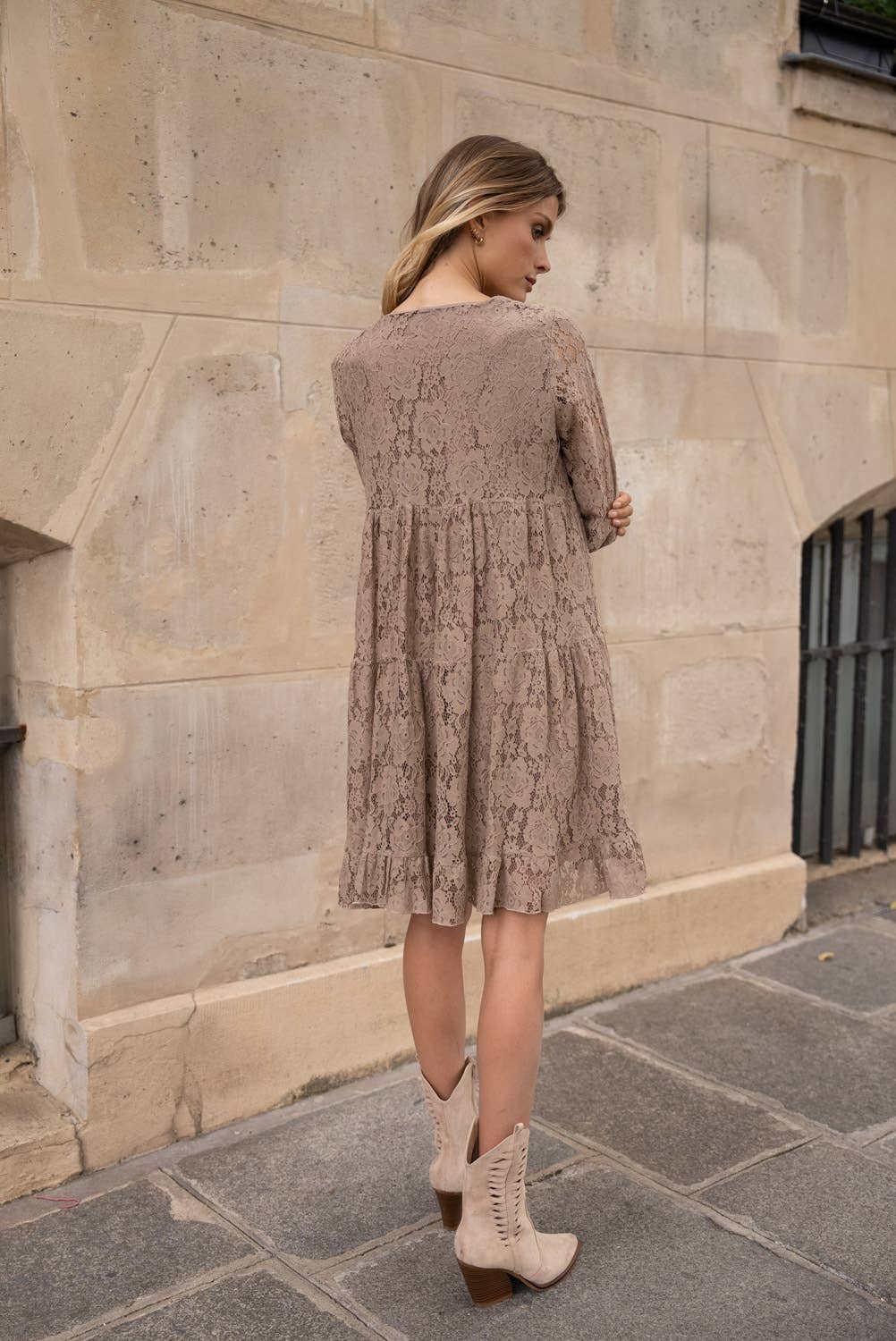 Spitzenkleid Judy mit V-Ausschnitt - Taupe- elegantes Herbst/Winterkleid