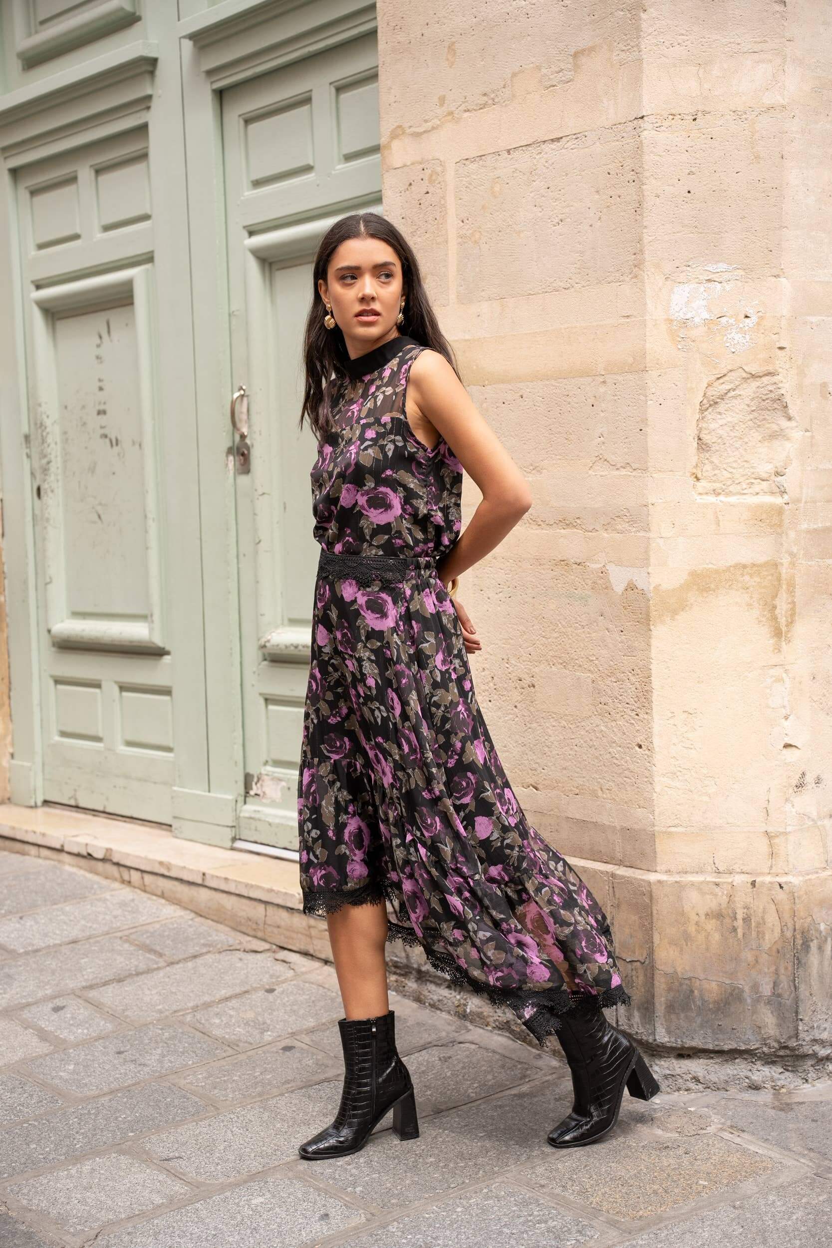 Choklate Paris - Asymmetrischer Midirock mit Rosenmuster