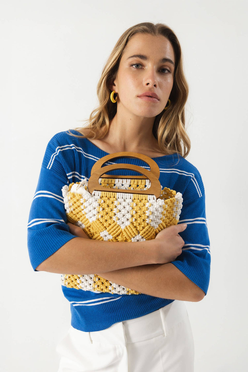 Lanidor Makramee-Tasche mit Holzgriffen - Boho Style in Gelb & Creme