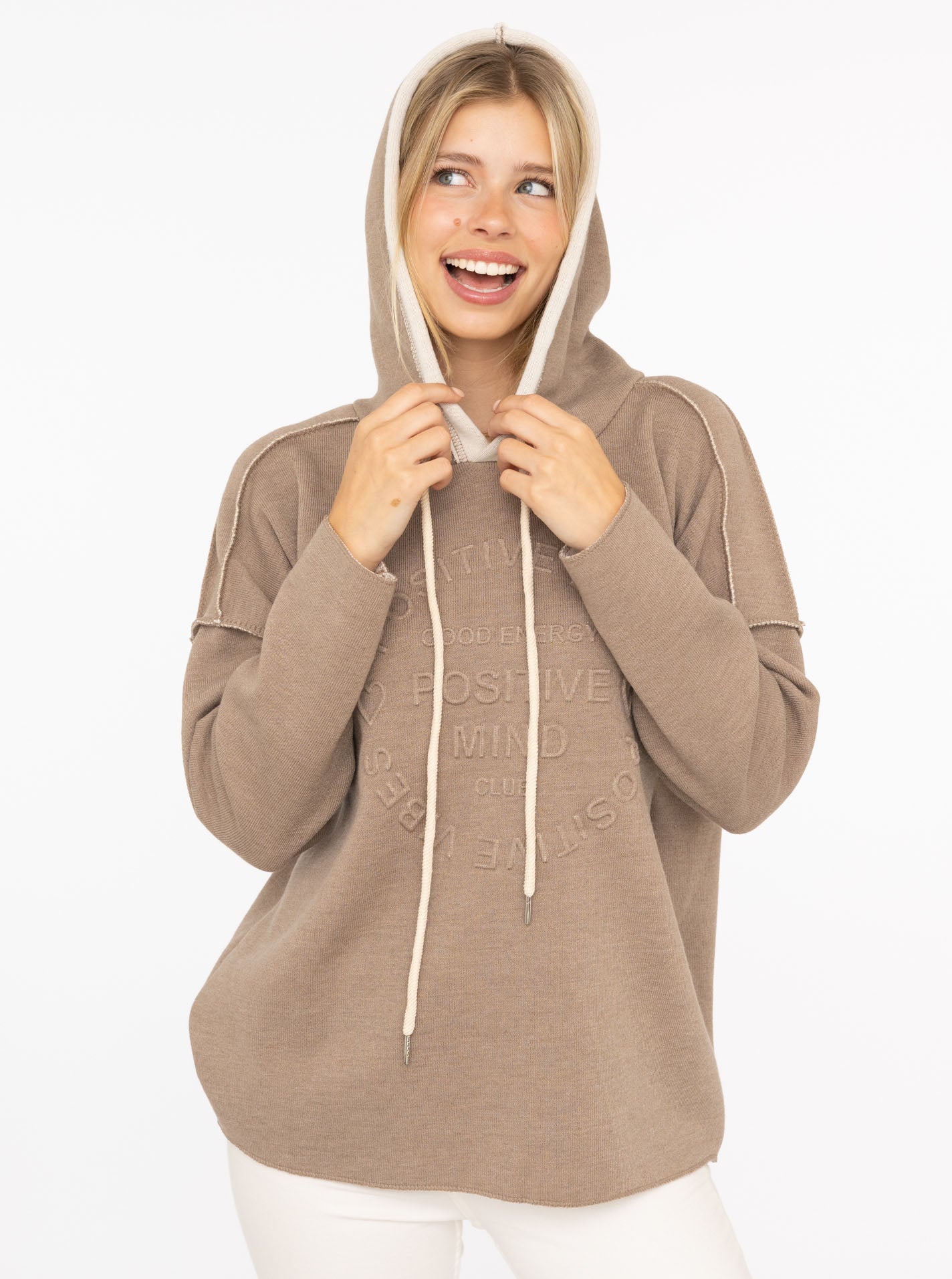 Zwillingsherz Double-Face-Hoodie " Positive Mind" Taupe | Damen Hoodie