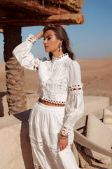 Choklate Paris Cropped-Bluse „Ellie“ Weiß 100% Baumwolle mit Ajourspitze