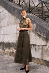 Choklate Paris Satin-Oberteil Elisabeth mit Schleife am Kragen in Khaki