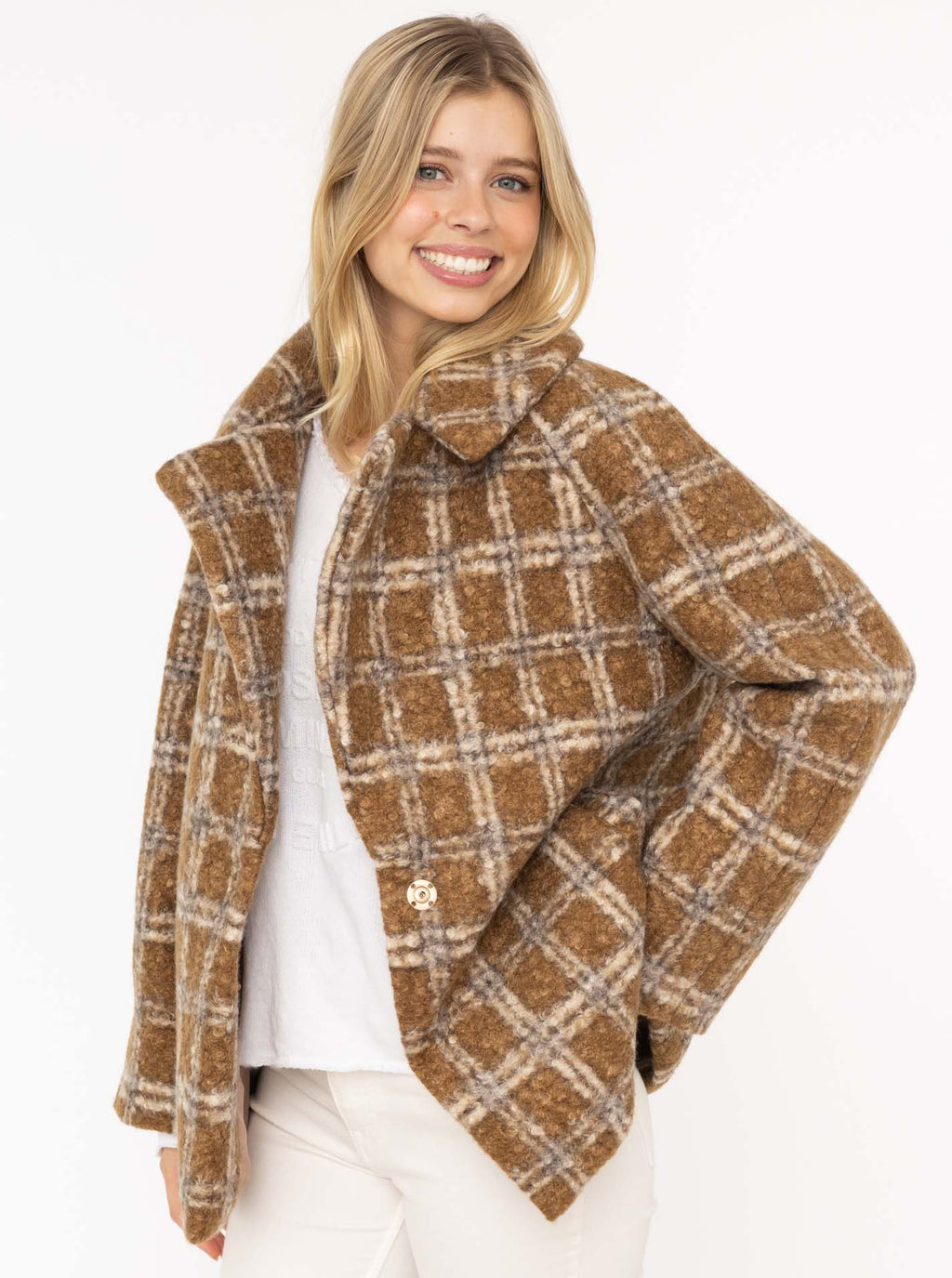 Zwillingsherz Oversize Jacke Karomuster Camel-Beige kariert