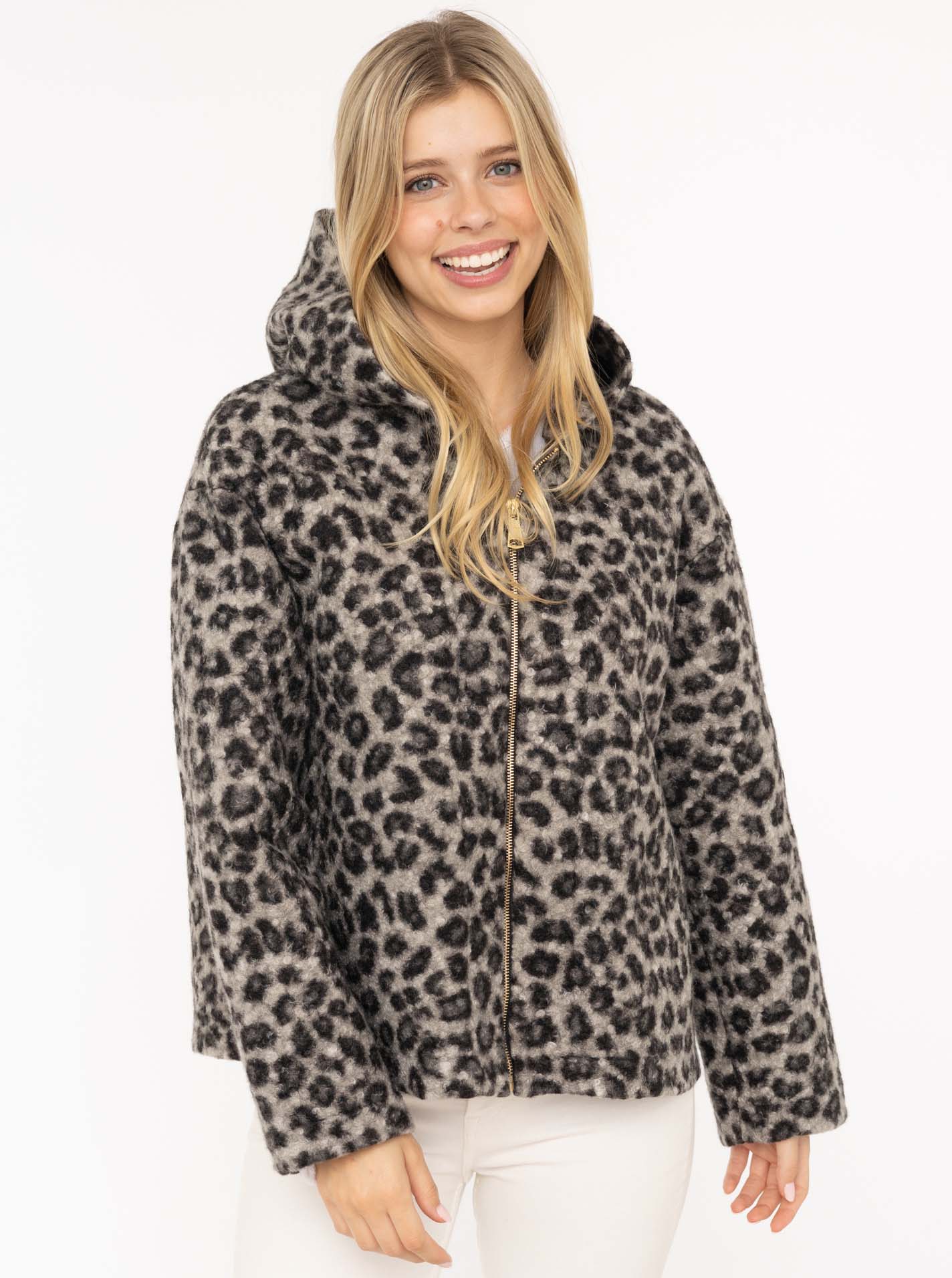 Zwillingsherz Teddy-Jacke "Leo" mit Leopardenmuster - Grau